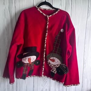 VTG Holiday Christmas Snowman Cardigan Embroidered Velour Leopard Accent Large